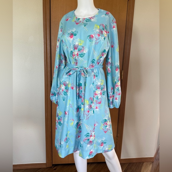 Vintage 1960s maybe 1970s Floral Blue Dress - Picture 1 of 8